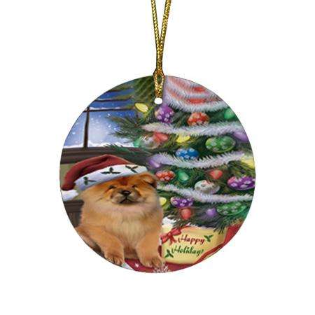 Christmas Happy Holidays Chow Chow Dog with Tree and Presents Round Flat Christmas Ornament RFPOR53814