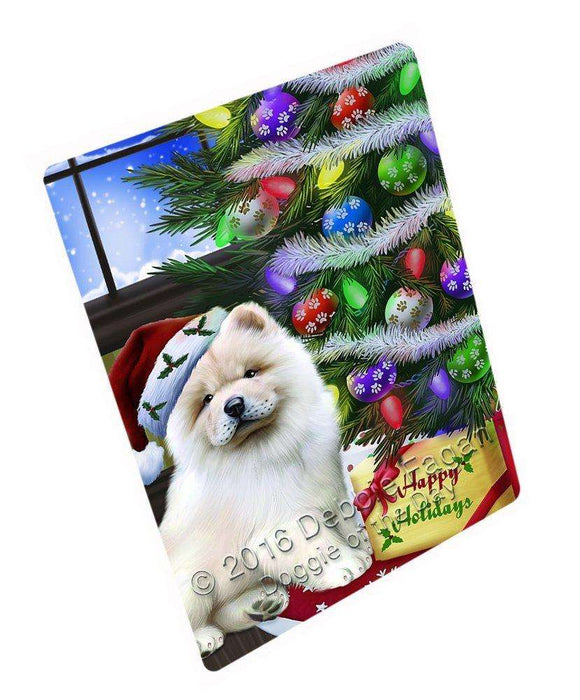 Christmas Happy Holidays Chow Chow Dog with Tree and Presents Tempered Cutting Board (Small)
