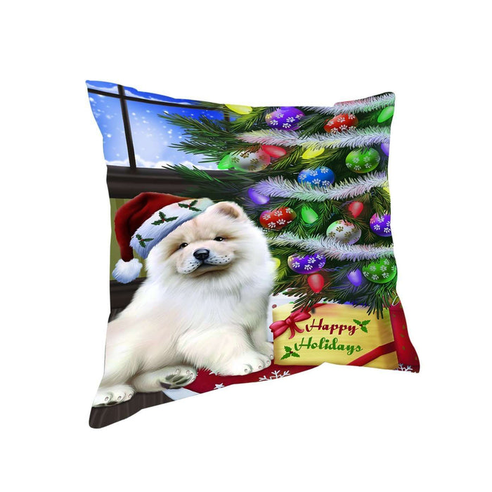 Christmas Happy Holidays Chow Chow Dog with Tree and Presents Throw Pillow