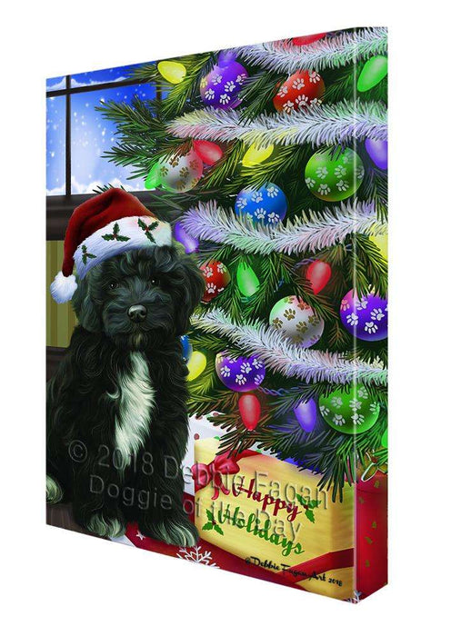 Christmas Happy Holidays Cockapoo Dog with Tree and Presents Canvas Print Wall Art Décor CVS98900