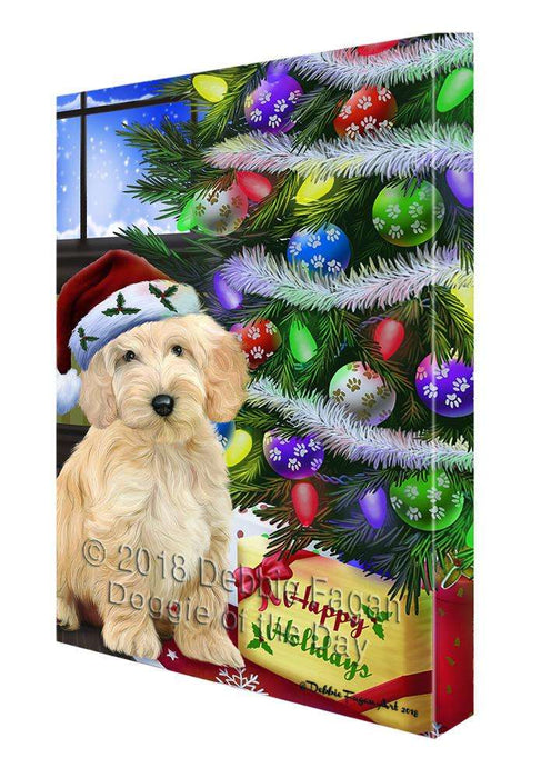 Christmas Happy Holidays Cockapoo Dog with Tree and Presents Canvas Print Wall Art Décor CVS98909