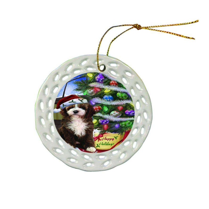Christmas Happy Holidays Cockapoo Dog with Tree and Presents Ceramic Doily Ornament DPOR53448