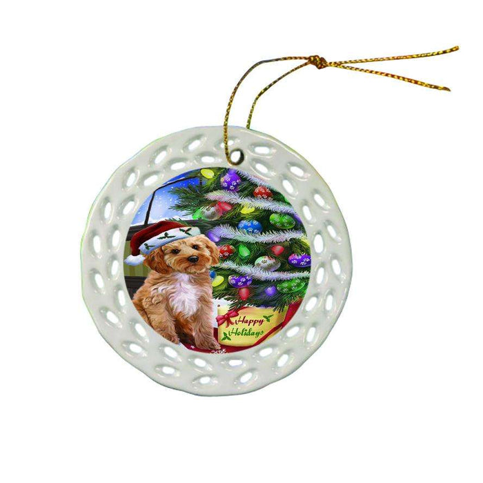 Christmas Happy Holidays Cockapoo Dog with Tree and Presents Ceramic Doily Ornament DPOR53449