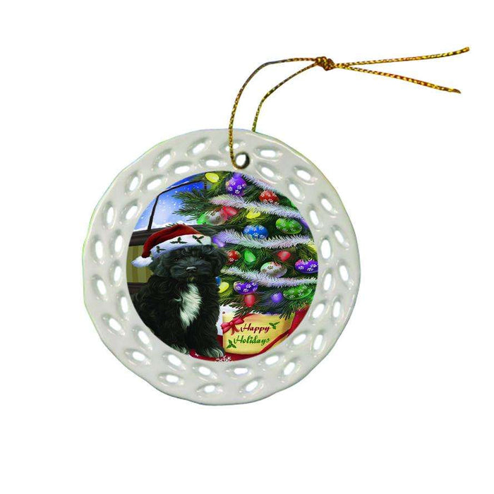 Christmas Happy Holidays Cockapoo Dog with Tree and Presents Ceramic Doily Ornament DPOR53450