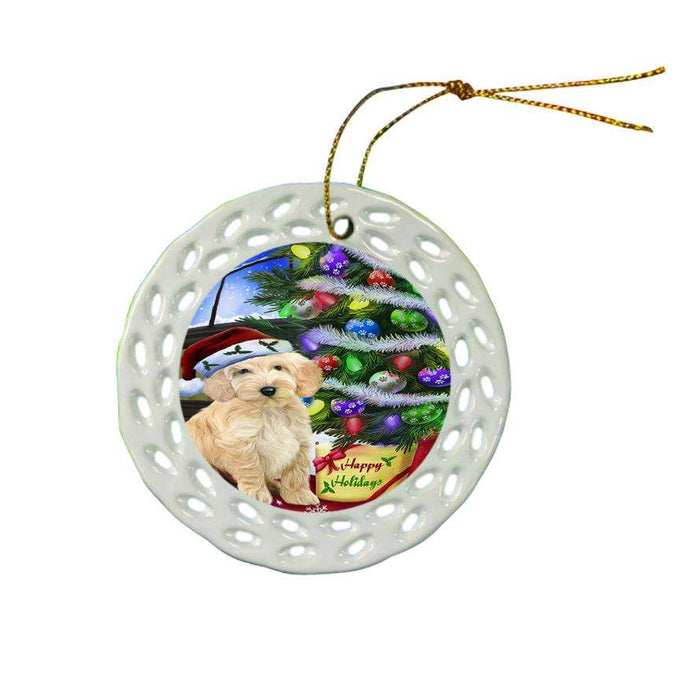 Christmas Happy Holidays Cockapoo Dog with Tree and Presents Ceramic Doily Ornament DPOR53451