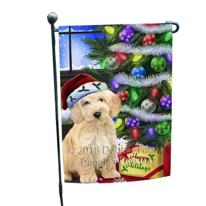 Christmas Happy Holidays Cockapoo Dog with Tree and Presents Garden Flag GFLG53513