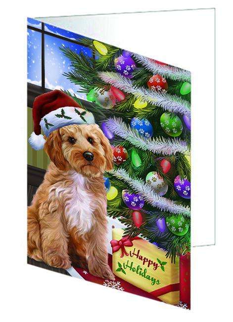 Christmas Happy Holidays Cockapoo Dog with Tree and Presents Handmade Artwork Assorted Pets Greeting Cards and Note Cards with Envelopes for All Occasions and Holiday Seasons GCD64376