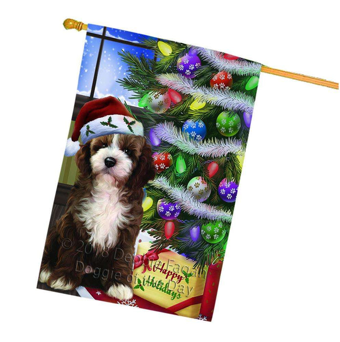 Christmas Happy Holidays Cockapoo Dog with Tree and Presents House Flag FLG53646