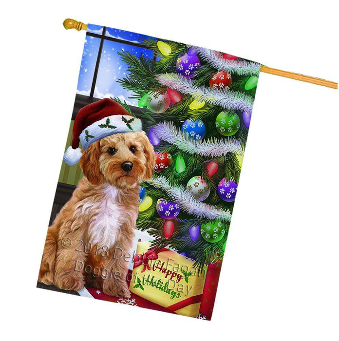 Christmas Happy Holidays Cockapoo Dog with Tree and Presents House Flag FLG53647