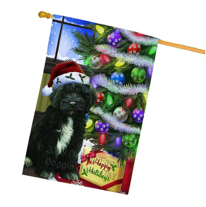 Christmas Happy Holidays Cockapoo Dog with Tree and Presents House Flag FLG53648