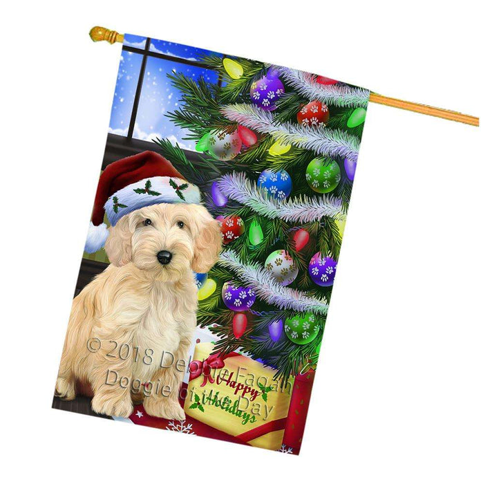 Christmas Happy Holidays Cockapoo Dog with Tree and Presents House Flag FLG53649
