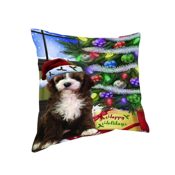 Christmas Happy Holidays Cockapoo Dog with Tree and Presents Pillow PIL70416