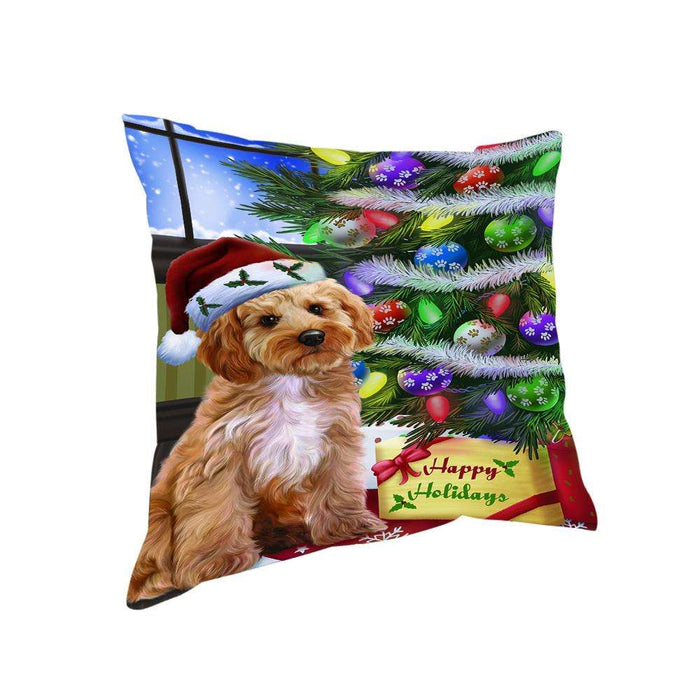 Christmas Happy Holidays Cockapoo Dog with Tree and Presents Pillow PIL70420