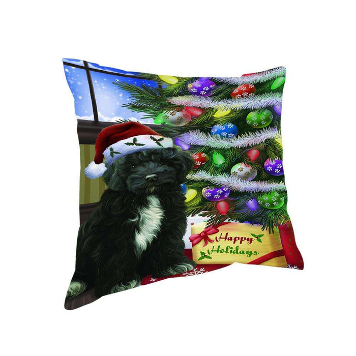 Christmas Happy Holidays Cockapoo Dog with Tree and Presents Pillow PIL70424