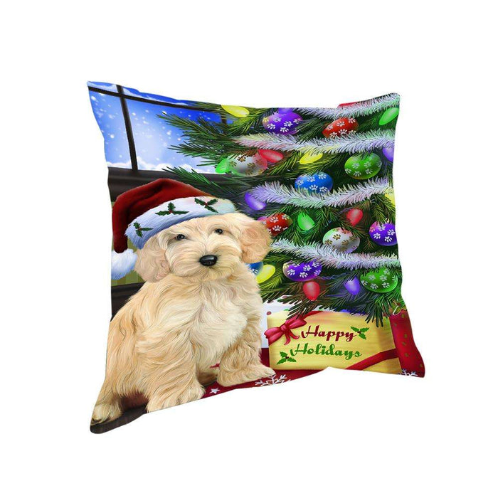 Christmas Happy Holidays Cockapoo Dog with Tree and Presents Pillow PIL70428