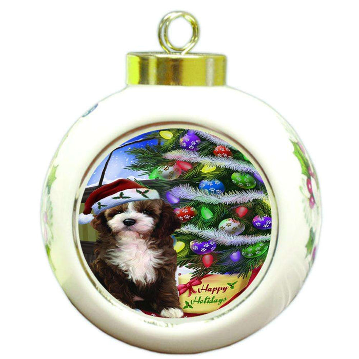 Christmas Happy Holidays Cockapoo Dog with Tree and Presents Round Ball Christmas Ornament RBPOR53448