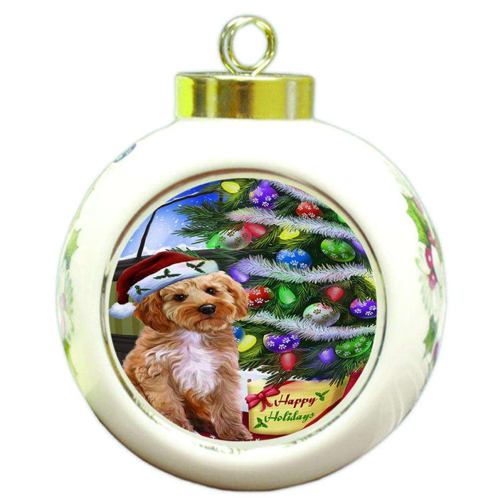 Christmas Happy Holidays Cockapoo Dog with Tree and Presents Round Ball Christmas Ornament RBPOR53449