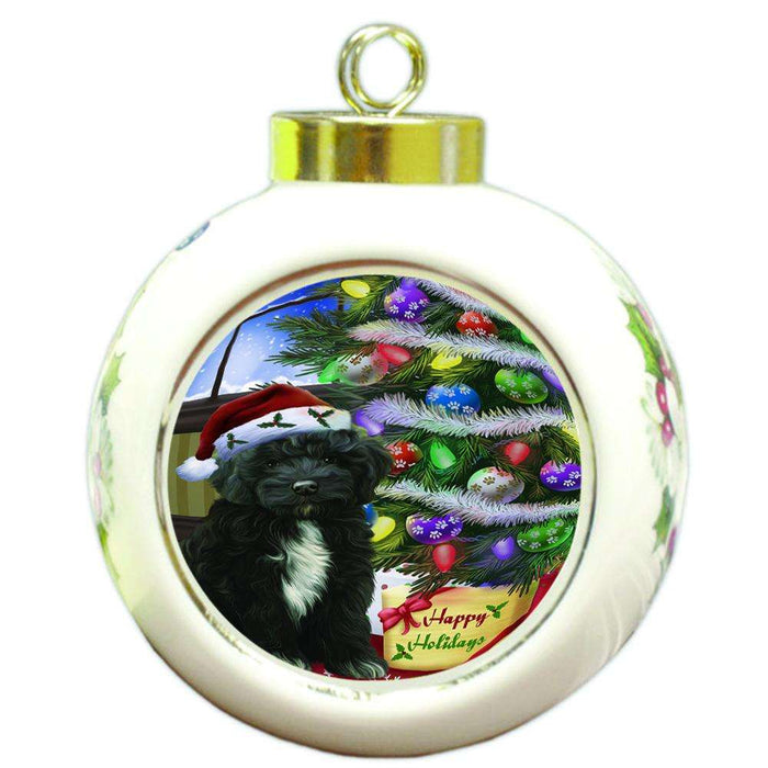 Christmas Happy Holidays Cockapoo Dog with Tree and Presents Round Ball Christmas Ornament RBPOR53450