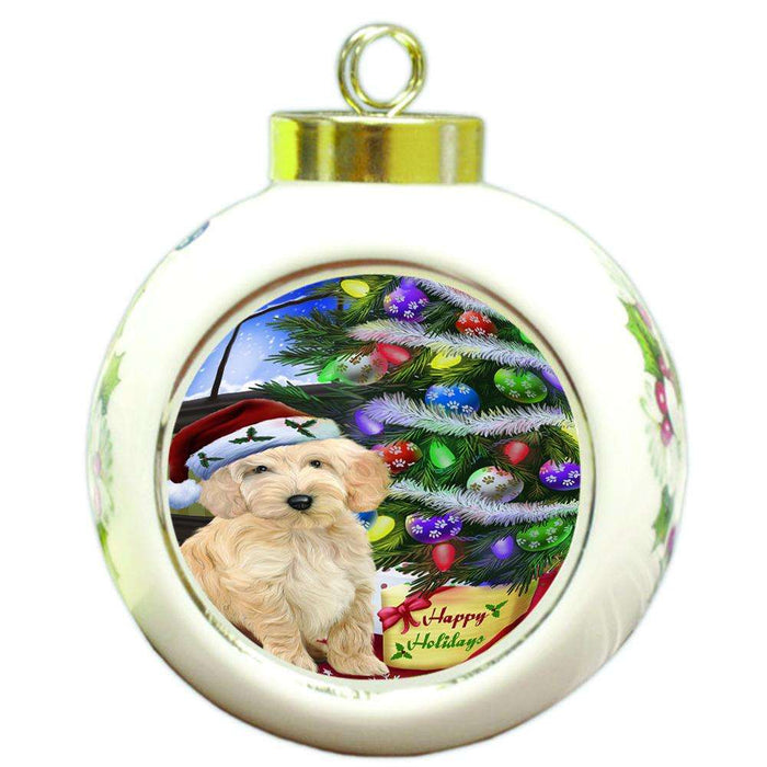 Christmas Happy Holidays Cockapoo Dog with Tree and Presents Round Ball Christmas Ornament RBPOR53451