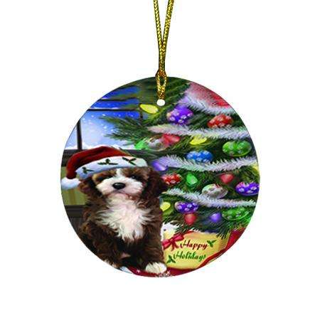 Christmas Happy Holidays Cockapoo Dog with Tree and Presents Round Flat Christmas Ornament RFPOR53439