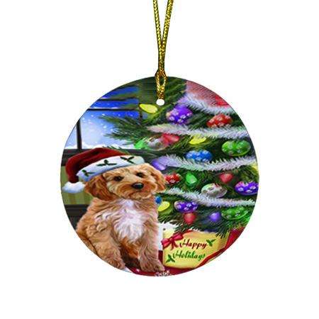 Christmas Happy Holidays Cockapoo Dog with Tree and Presents Round Flat Christmas Ornament RFPOR53440