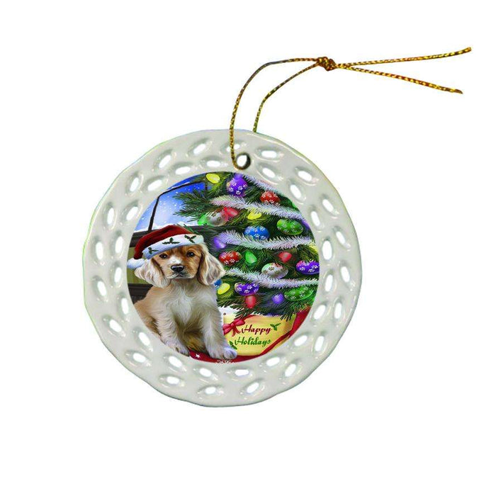 Christmas Happy Holidays Cocker Spaniel Dog with Tree and Presents Ceramic Doily Ornament DPOR53452