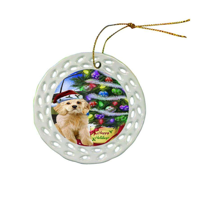 Christmas Happy Holidays Cocker Spaniel Dog with Tree and Presents Ceramic Doily Ornament DPOR53453