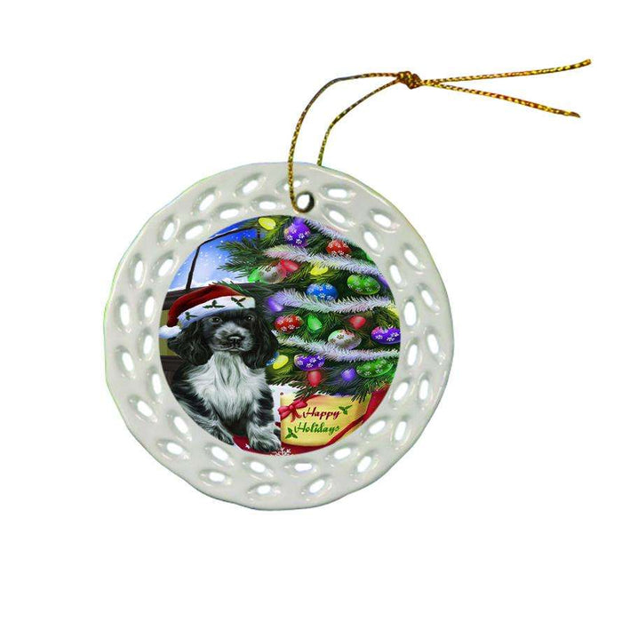 Christmas Happy Holidays Cocker Spaniel Dog with Tree and Presents Ceramic Doily Ornament DPOR53455