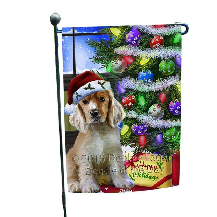 Christmas Happy Holidays Cocker Spaniel Dog with Tree and Presents Garden Flag GFLG53514