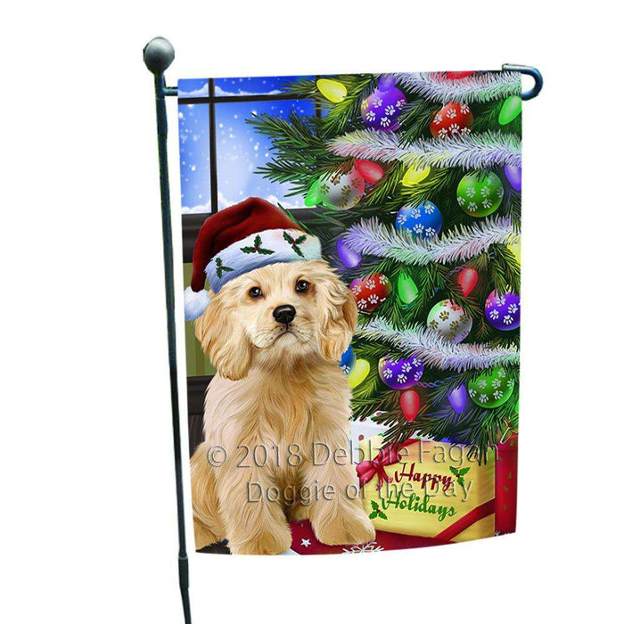 Christmas Happy Holidays Cocker Spaniel Dog with Tree and Presents Garden Flag GFLG53515