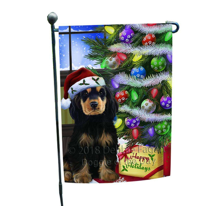 Christmas Happy Holidays Cocker Spaniel Dog with Tree and Presents Garden Flag GFLG53516