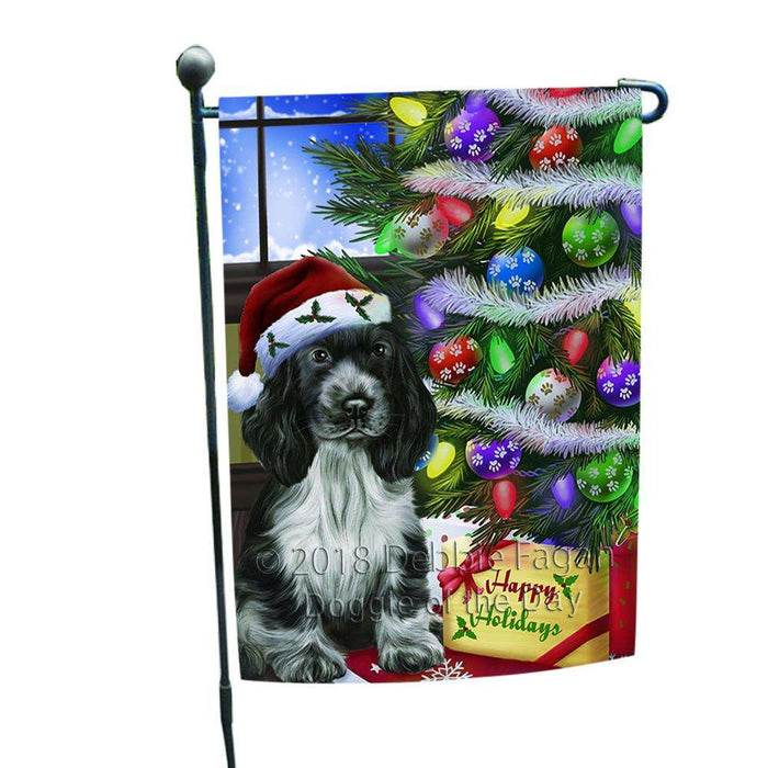 Christmas Happy Holidays Cocker Spaniel Dog with Tree and Presents Garden Flag GFLG53517