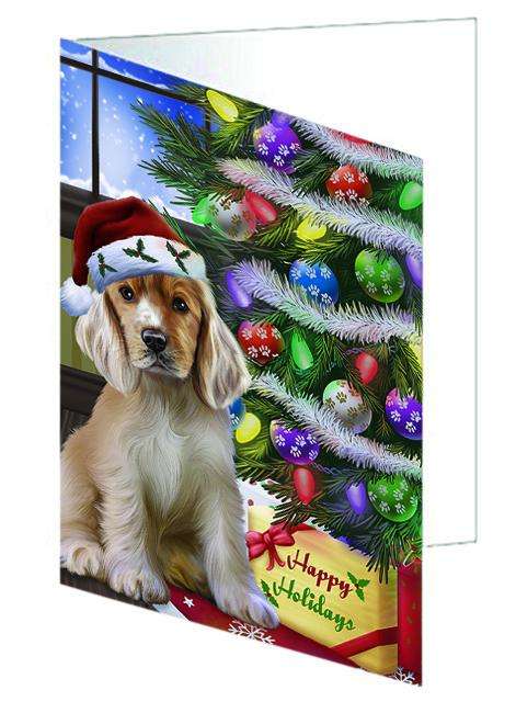 Christmas Happy Holidays Cocker Spaniel Dog with Tree and Presents Handmade Artwork Assorted Pets Greeting Cards and Note Cards with Envelopes for All Occasions and Holiday Seasons GCD64385