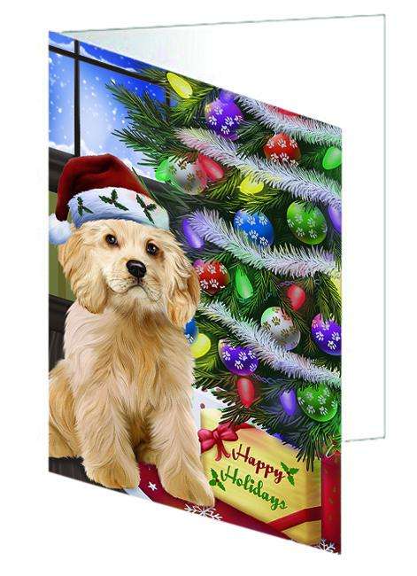 Christmas Happy Holidays Cocker Spaniel Dog with Tree and Presents Handmade Artwork Assorted Pets Greeting Cards and Note Cards with Envelopes for All Occasions and Holiday Seasons GCD64388