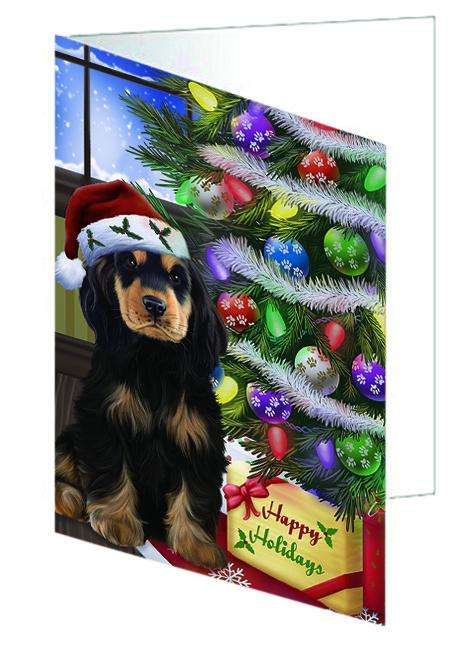 Christmas Happy Holidays Cocker Spaniel Dog with Tree and Presents Handmade Artwork Assorted Pets Greeting Cards and Note Cards with Envelopes for All Occasions and Holiday Seasons GCD64391