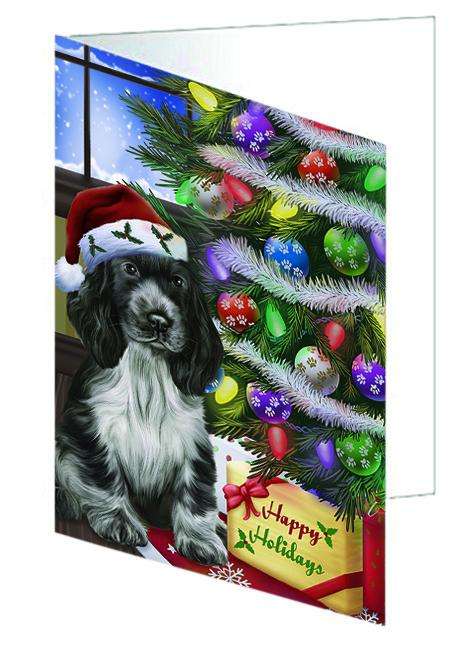 Christmas Happy Holidays Cocker Spaniel Dog with Tree and Presents Handmade Artwork Assorted Pets Greeting Cards and Note Cards with Envelopes for All Occasions and Holiday Seasons GCD64394