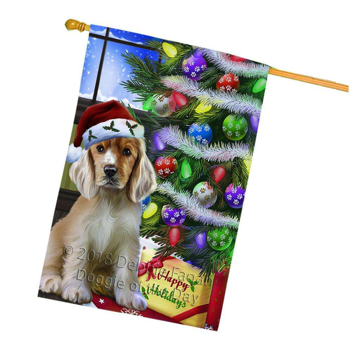 Christmas Happy Holidays Cocker Spaniel Dog with Tree and Presents House Flag FLG53650