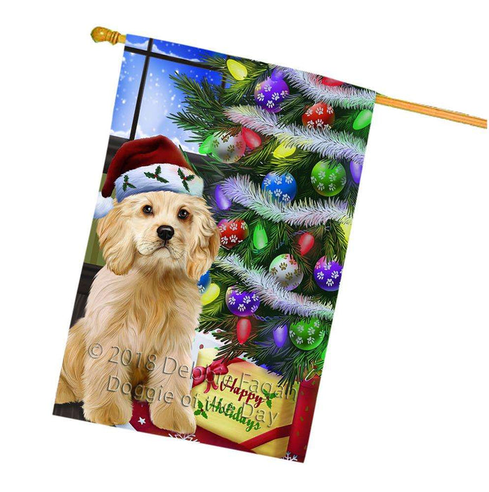 Christmas Happy Holidays Cocker Spaniel Dog with Tree and Presents House Flag FLG53651