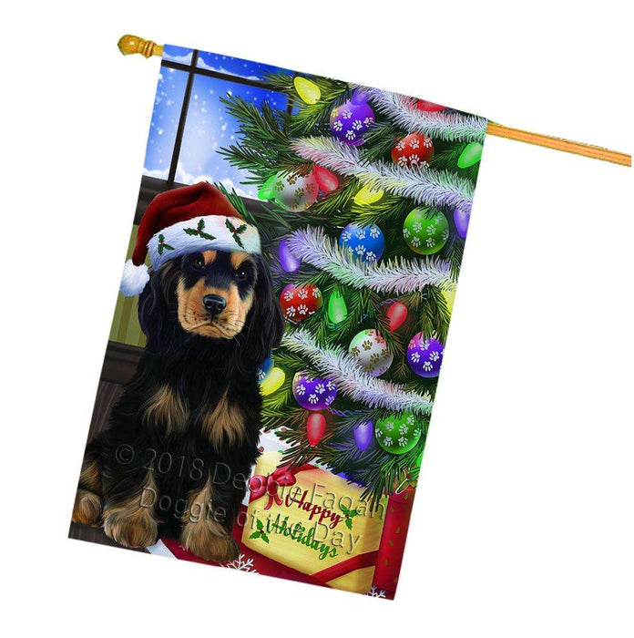 Christmas Happy Holidays Cocker Spaniel Dog with Tree and Presents House Flag FLG53652