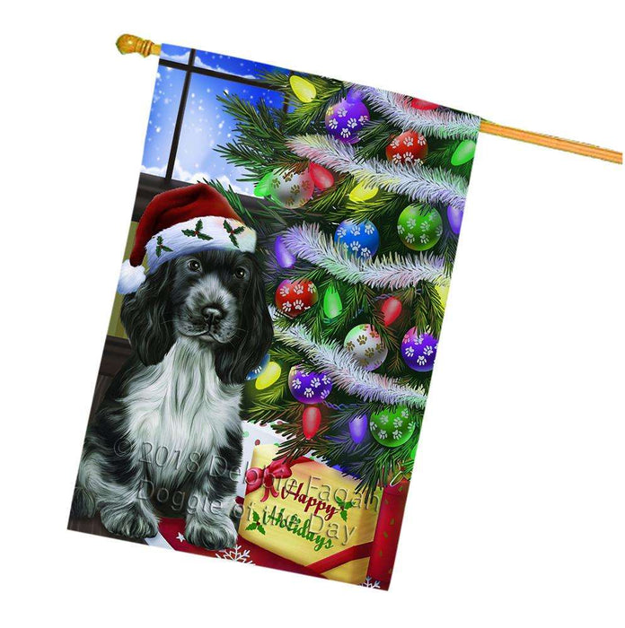 Christmas Happy Holidays Cocker Spaniel Dog with Tree and Presents House Flag FLG53653