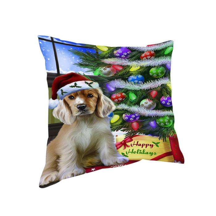 Christmas Happy Holidays Cocker Spaniel Dog with Tree and Presents Pillow PIL70432