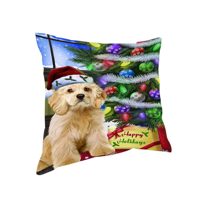 Christmas Happy Holidays Cocker Spaniel Dog with Tree and Presents Pillow PIL70436