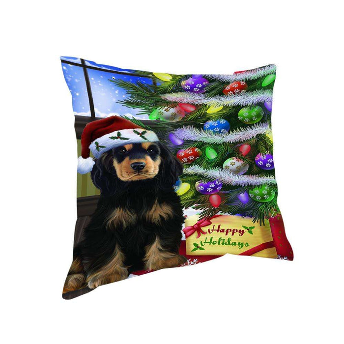 Christmas Happy Holidays Cocker Spaniel Dog with Tree and Presents Pillow PIL70440
