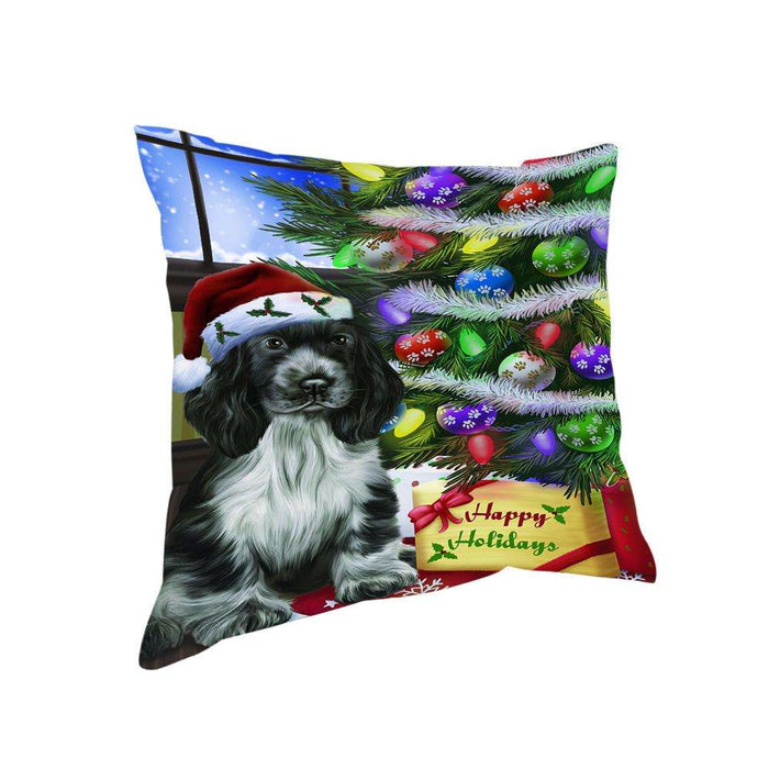Christmas Happy Holidays Cocker Spaniel Dog with Tree and Presents Pillow PIL70444