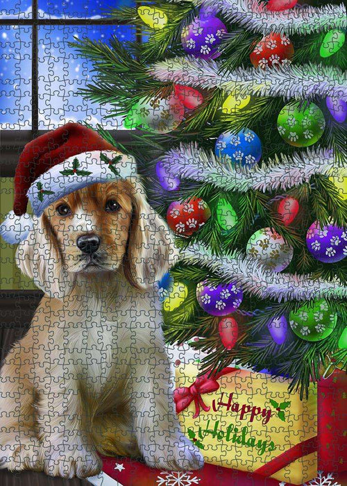 Christmas Happy Holidays Cocker Spaniel Dog with Tree and Presents Puzzle with Photo Tin PUZL80964