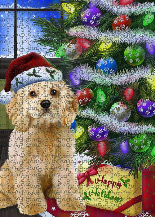 Christmas Happy Holidays Cocker Spaniel Dog with Tree and Presents Puzzle with Photo Tin PUZL80968