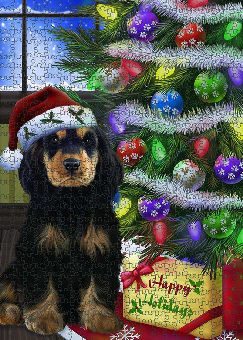 Christmas Happy Holidays Cocker Spaniel Dog with Tree and Presents Puzzle with Photo Tin PUZL80972