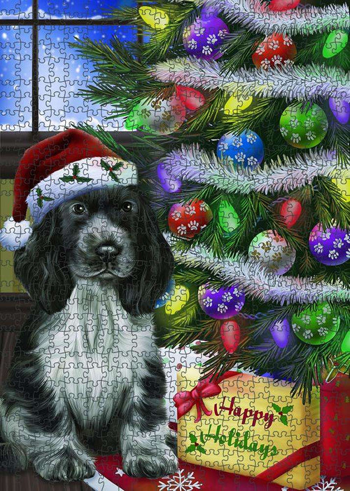 Christmas Happy Holidays Cocker Spaniel Dog with Tree and Presents Puzzle with Photo Tin PUZL80976