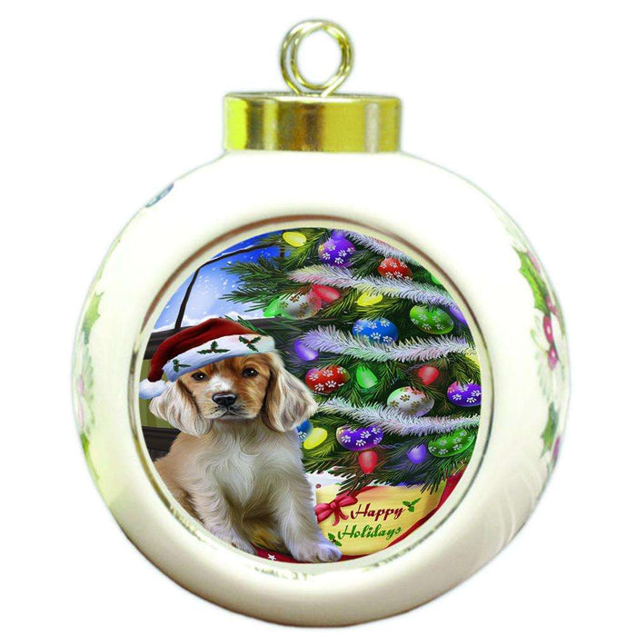 Christmas Happy Holidays Cocker Spaniel Dog with Tree and Presents Round Ball Christmas Ornament RBPOR53452