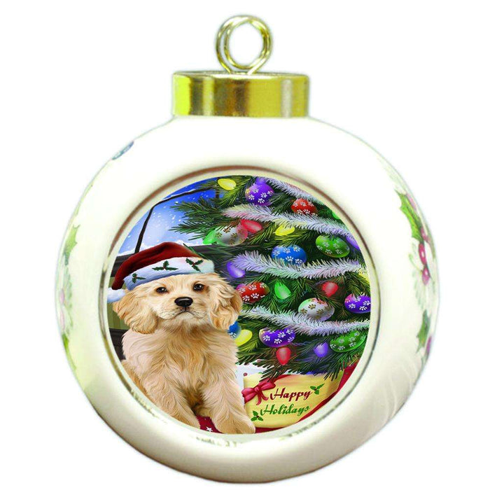 Christmas Happy Holidays Cocker Spaniel Dog with Tree and Presents Round Ball Christmas Ornament RBPOR53453